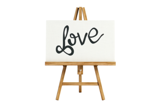 A charming easel displaying a heartfelt love sign, perfect for home decor and wedding celebrations isolated on transparent background