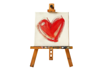 A vibrant red heart painted on a small canvas displayed on an easel, symbolizing love and creativity in a bright setting isolated on transparent background