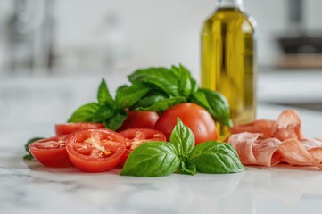 A bundle of fresh basil, tomatoes, ham, and olive oil â€“ classic components of Mediterranean cooking