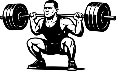 Black and white vector silhouette of man lifting heavy barbell, minimalist fitness design capturing strength, endurance and power for creative sports and gym projects