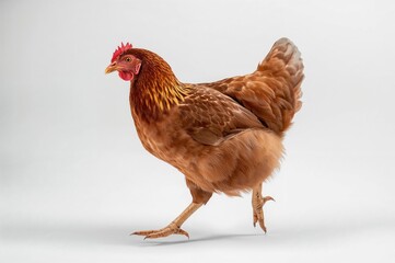 Isolated brown hen on a white background, walking chicken