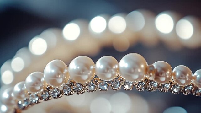 Close-up shot of a woman's tiara adorned with pearls and diamonds, suitable for use in luxury or formal settings