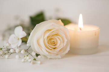 White rose illuminated by candlelight, soft glow creating cozy mood