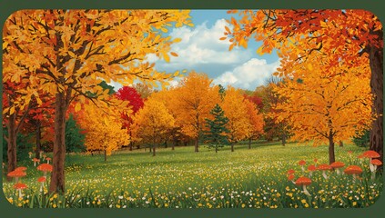 Autumn countryside landscape with vibrant yellow and red foliage in paper-cut design. Vector illustration with space for text. Promotional card for fall sale featuring a bordered layout. October