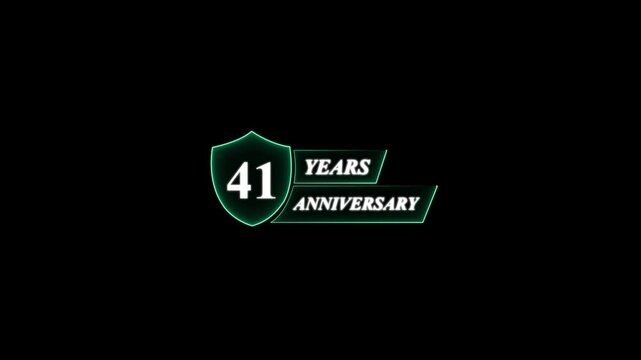 Forty One Years Anniversary Shield Neon Glow celebration . Glowing neon animation and black background.