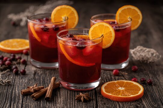Citrus and berry spiced punch garnished with orange wedges and aromatic spices. Warm beverages perfect for cold weather and festive celebrations.