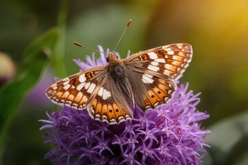 Fototapeta premium Brown Checkered Skipper perched on a violet blossom displaying its face and twin antennae