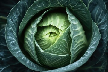 Obraz premium Detailed view of a fresh leafy green cabbage