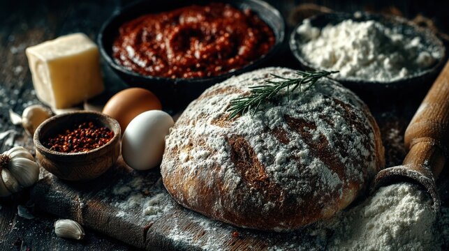 Freshly baked rustic bread with ingredients and baking tools