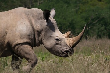 Obraz premium Close-up side view of a rhinoceros covered in dust and mud