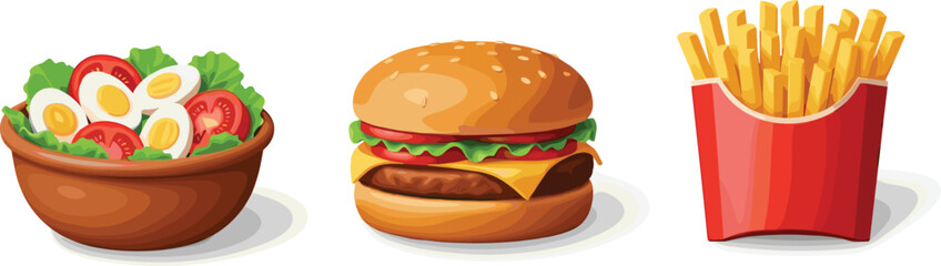 Healthy salad bowl, juicy cheeseburger, crispy French fries, fast food meal, nutrition contrast, diet choice, lunch variety, food comparison