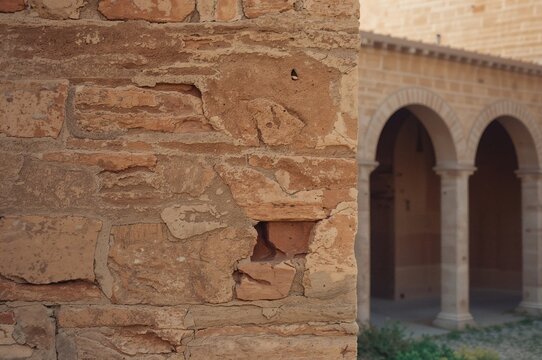 Close-up of brickwork at a corner in historic monastery wall construction