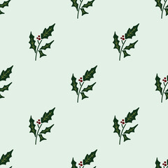 Christmas pattern with leaves and berries. New Year's spruce branches.