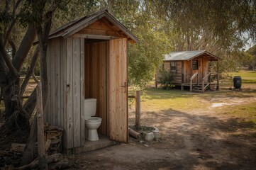 Traditional rural outhouse restrooms featuring a designated waiting space