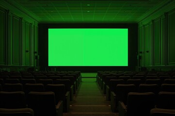 Movie theater with seats, viewers, and a green display screen. Prepared for custom image insertion.