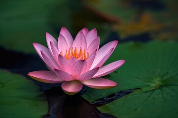 Close-up of a vibrant pink lotus flower in full bloom over a pond