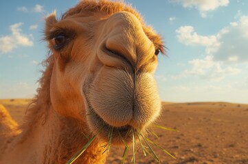 Close-up of a camel munching on hay under strong sunlight