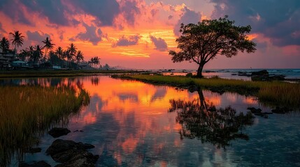 Sunset over a peaceful coastal marsh with a lone tree and palm trees