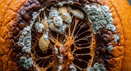 Rotting Pumpkin Close Up Showing Mold and Decay.