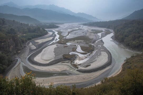 Rivers with braided channels show numerous islands and unstable banks because of heavy sediment and slope, preserving a steep gradient.