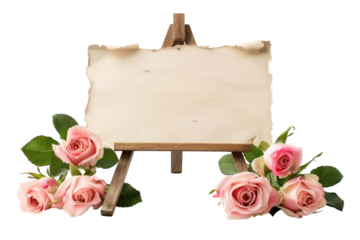 A delicate display of pink roses beside an empty canvas on a wooden easel, perfect for personalized messages or artistic creations isolated on transparent background