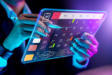 Businessman manages time for effective work. Businessman with calendar meeting schedule marking note target date appointing reminder appointment calendar for organizer agenda time. schedule activity.	