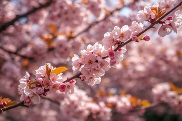 Obraz premium Bright Cherry Blossoms Glow with a Blurred Backdrop