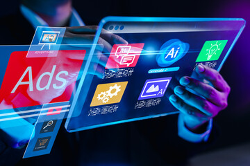 Ads. digital tablet interface for AI-powered advertising and content generation, highlighting automation, SEO strategy, and innovative marketing technology for online business growth.