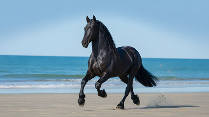 A majestic black horse runs gracefully along a sandy beach.