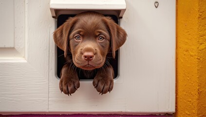 Puppy Labrador navigating a small pet door