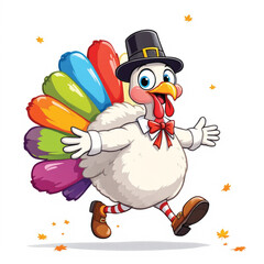 Festive Thanksgiving Turkey Vector — Cartoon Illustration with Rainbow Feathers, Pilgrim Hat, Bow Tie, and Autumn Leaves