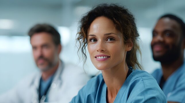 A diverse group of smiling healthcare professionals in a bright modern meeting room appearing engaged and collaborative - Powered by Adobe