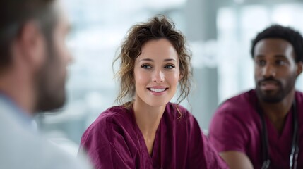 A diverse healthcare team of professionals collaborates during a meeting in a bright modern office environment