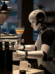 Robotic Barista Preparing Latte in Minimalist Coffee Shop