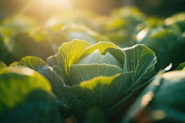 Fresh cabbage heads thriving in a garden setting. Natural vegetable backdrop.