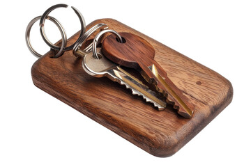 A collection of keys resting on a smooth wooden key holder in soft lighting, capturing everyday moments of organization isolated on transparent background