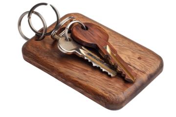A collection of keys resting on a smooth wooden key holder in soft lighting, capturing everyday moments of organization isolated on transparent background