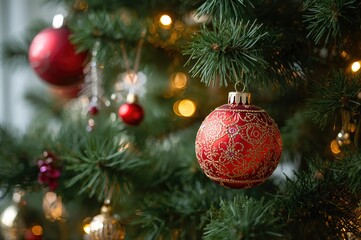 Holiday ornaments on evergreen branches