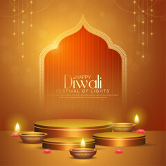 Happy Diwali - Vibrant Festival of Lights Celebration Background Poster Design With Decorative Diya.Indian Hindu Light Festival. Holiday Background. Vector Illustration.