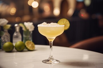 Traditional daiquiri drink served in a glass on a surface with a blurred backdrop