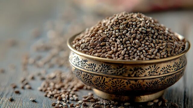Ajwain seeds in a traditional indian brass spice container video