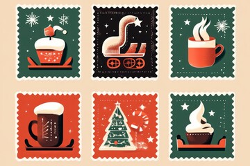 Retro Style Postage Stamps for Christmas Illustration