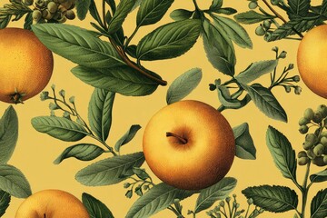 Seamless Botanical Fruit and Herb Pattern Warm Colors