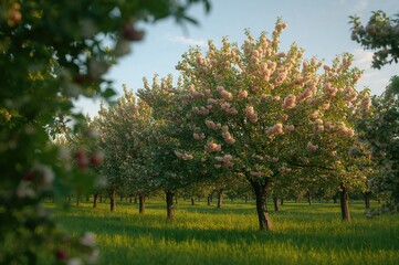Naklejka premium Photograph of lush green cherry tree leaves glowing under the gentle afternoon sun