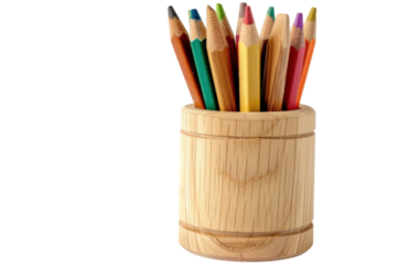 A colorful array of pencils in a wooden holder ready for artistic inspiration on a bright and clean surface isolated on transparent background