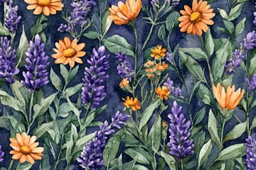 Watercolor Seamless Pattern of Thyme Lavender Meadow Herbs