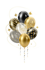 3D realistic bunch of gold black balloons. Huge luxury bouquet