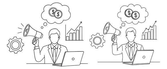Vector art of businessman promoting financial growth with megaphone, laptop, and coin thought bubble
