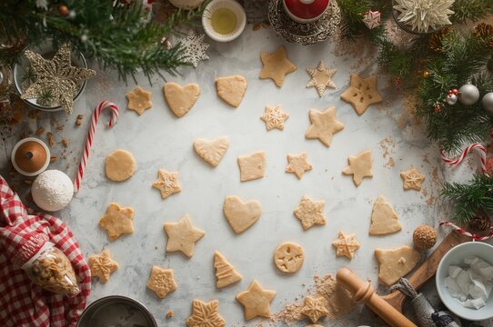 Holiday treats preparation with gingerbread cookies shaped like hearts and stars on the countertop, viewed from above.