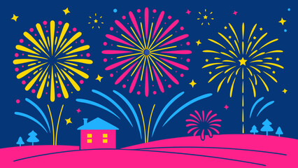 Naklejka premium fireworks illustration in blue, yellow and pink color